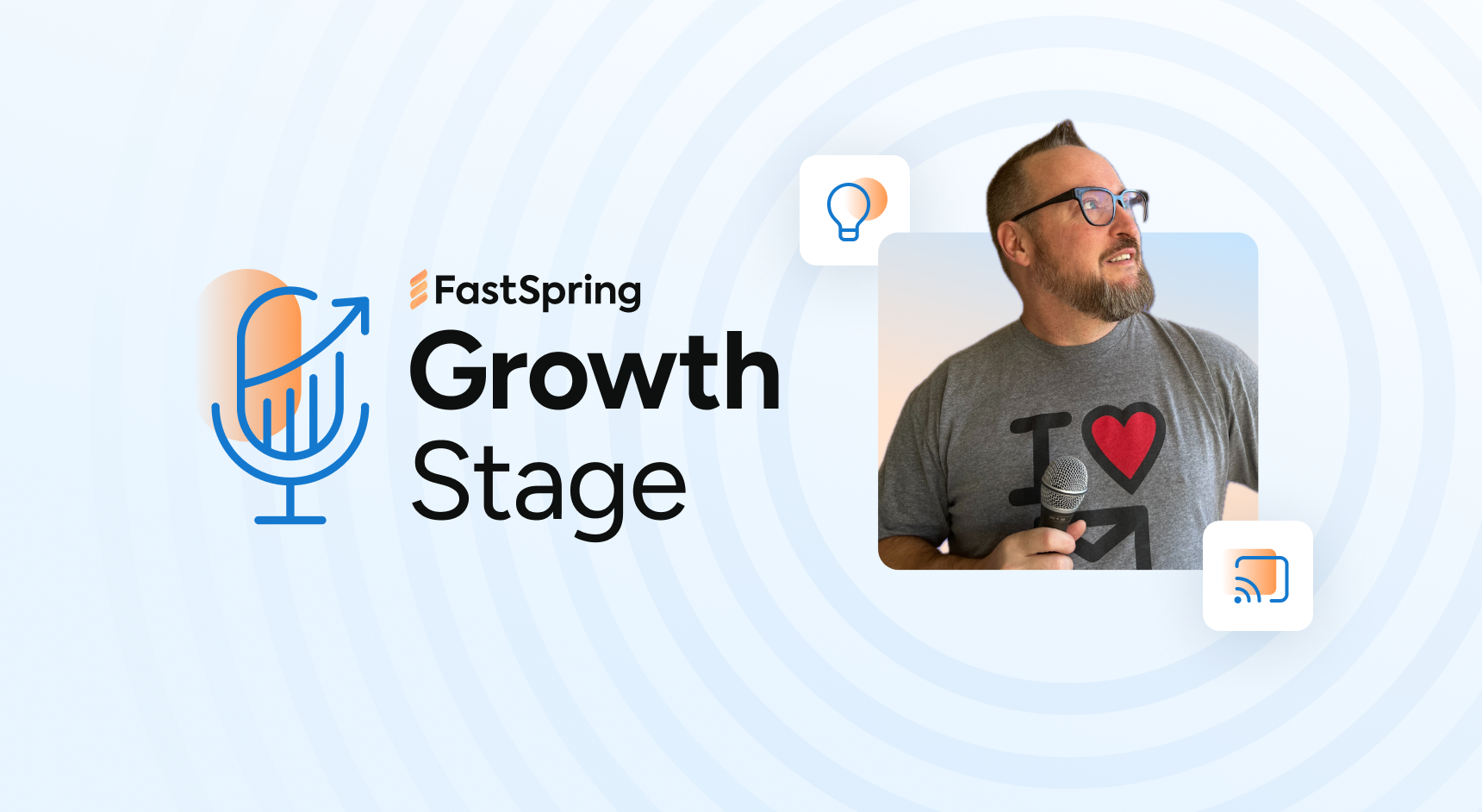 The Growth Stage podcast logo of a microphone that looks like a growth chart on the left, and a headshot of a man looking up and to the right on the right.