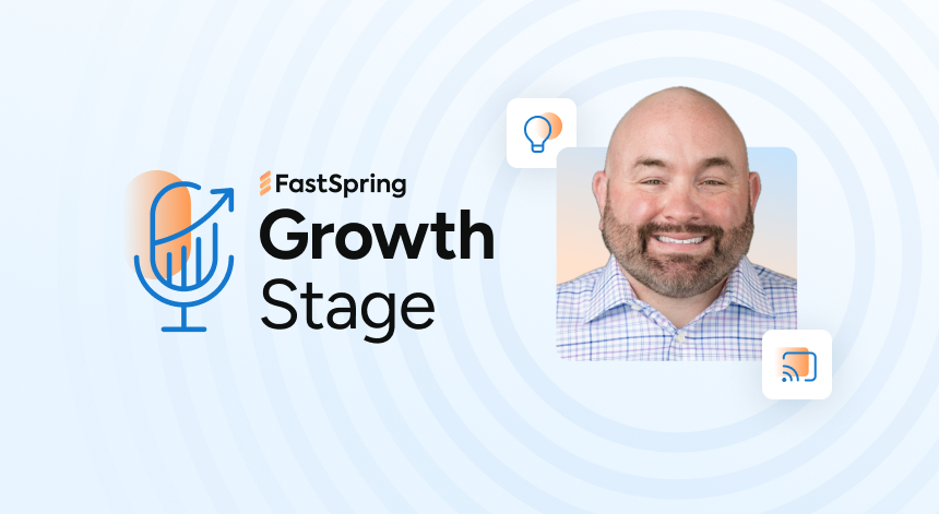 The Growth Stage podcast logo of a microphone that looks like a growth chart on the left, and a headshot of a man smiling on the right.