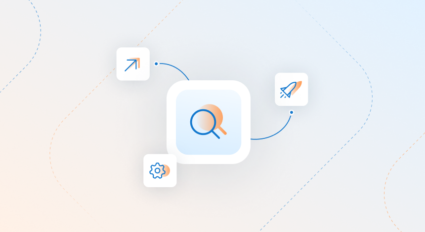 An icon of a magnifying glass surrounded by smaller icons of an upward arrow, a rocket, and a gear.