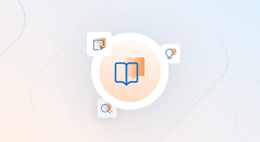 An icon of a book surrounded by smaller icons of a browser window, a lightbulb, and a magnifying glass.
