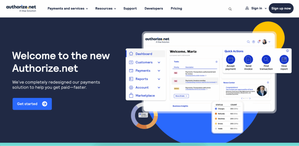 A screenshot of Authorize.net's homepage.