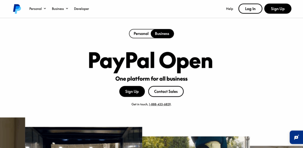 A screenshot of PayPal Open's landing page, an option for businesses looking for international payment gateways.
