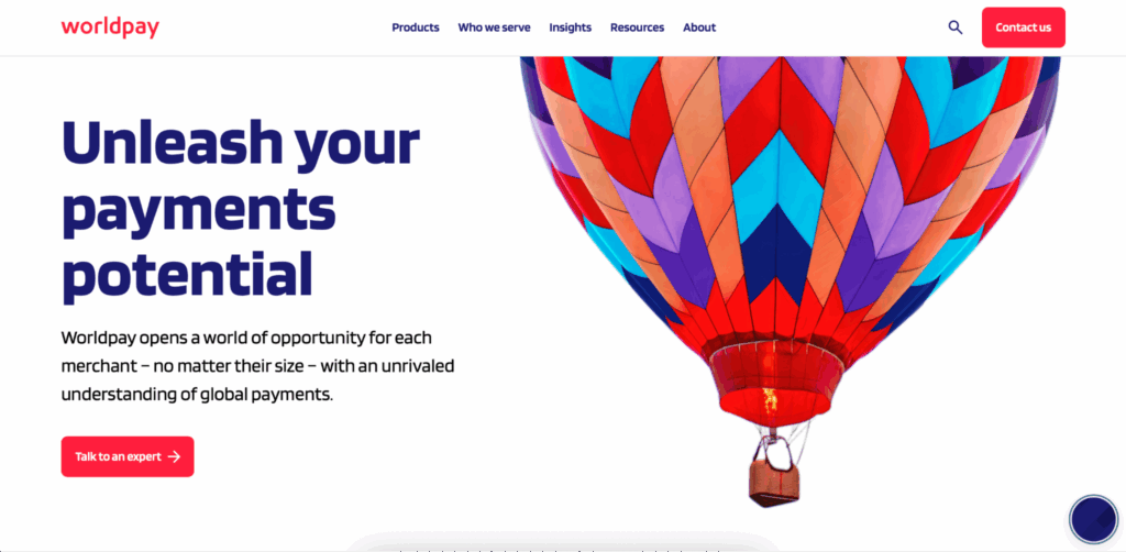 A screenshot of WorldPay's homepage.