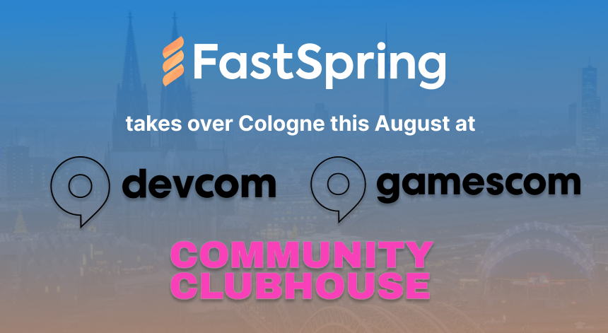 An orange and white FastSpring logo, black devcom and gamescom logos, and a pink Community Clubhouse logo, all over a blue-to-orange gradient image of Cologne sights.