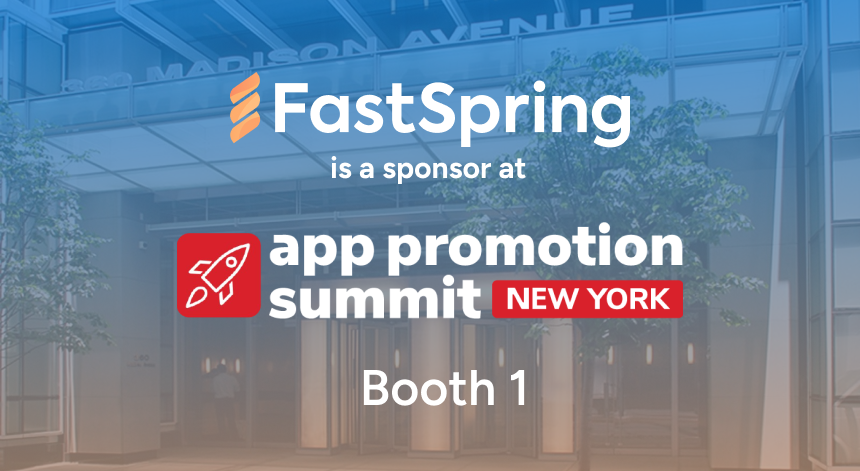 An orange and white FastSpring logo and a red and white APS logo, both over a blue-to-orange gradient image of event venue front doors.