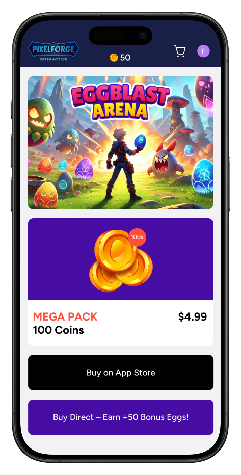 Shows an example of an in-app landing page where a player can purchase directly on the web shop and earn a bonus or purchase on the app store. Also shows the player's currency at 50 coins at the top of the image.