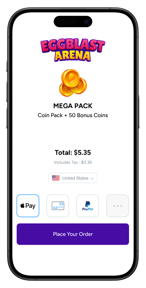 An example screen showing the FastSpring checkout with Apple Pay preselected in addition to credit card and paypal as payment options with more available. Players can click the Place Your Order button to make a purchase.