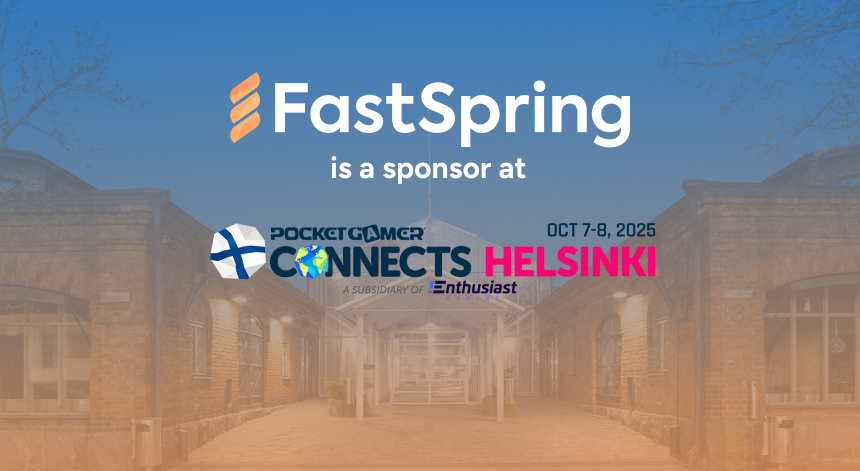 An orange and white FastSpring logo, and a white black and pink PGC Helsinki logo, both over a blue-to-orange gradient image of an event venue.