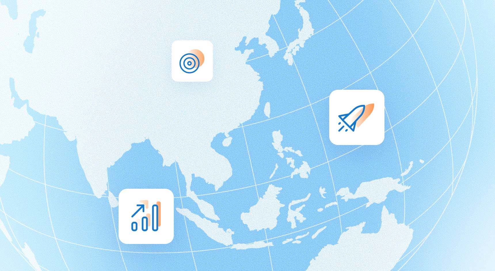 A light blue map of the globe focused on Asia, with icons of a rocket, a growth chart, and a target.