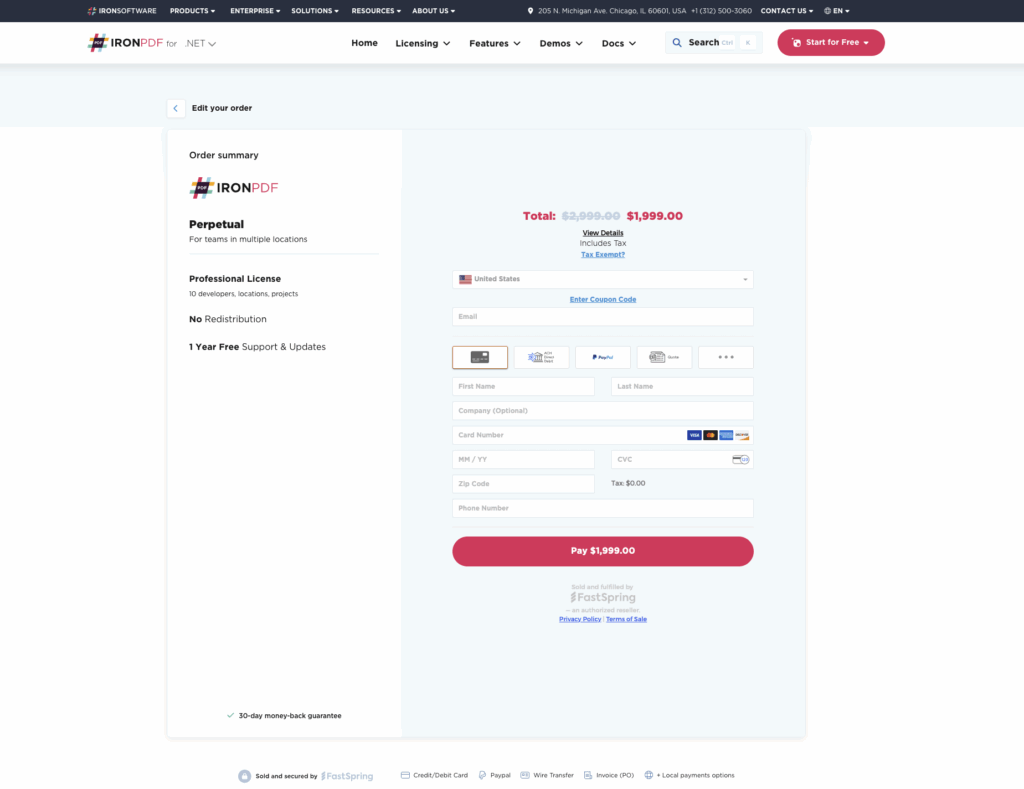 Screenshot of IronPDF's embedded FastSpring checkout.