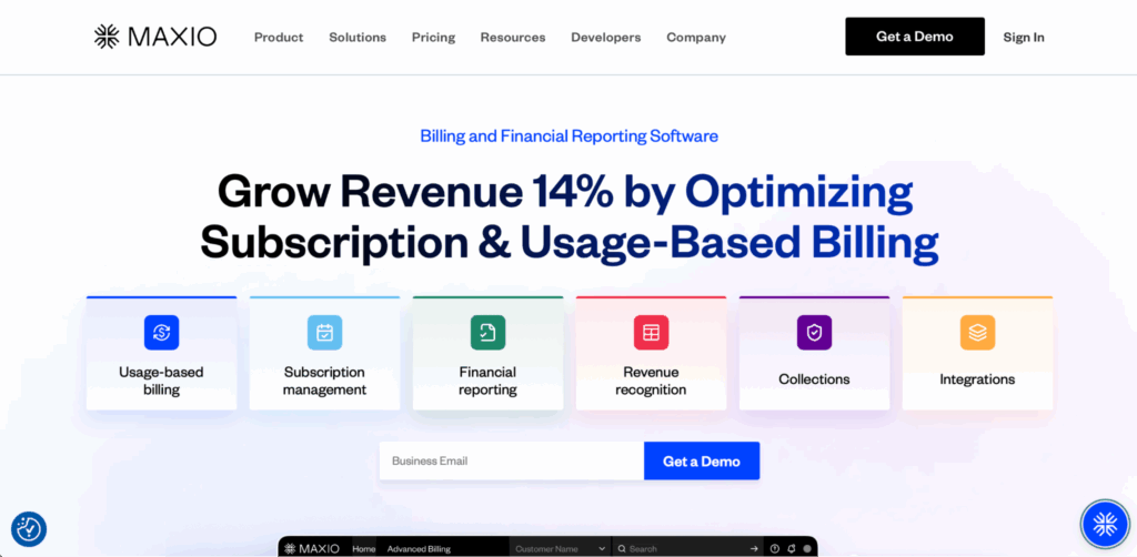 Screenshot of Maxio's homepage.