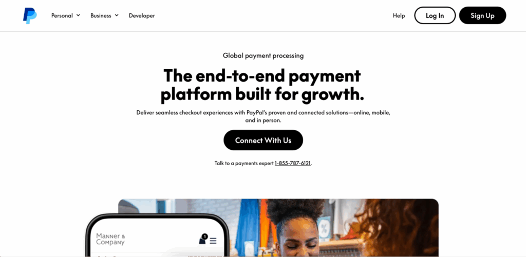 Screenshot of PayPal's enterprise payments landing page.
