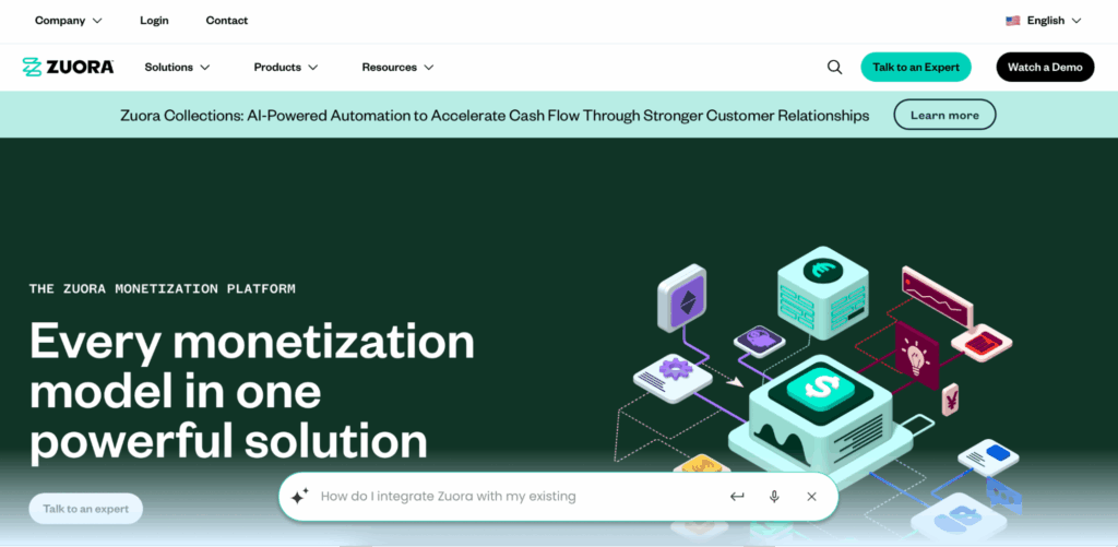 Screenshot of Chargebee alternative Zuora's homepage.