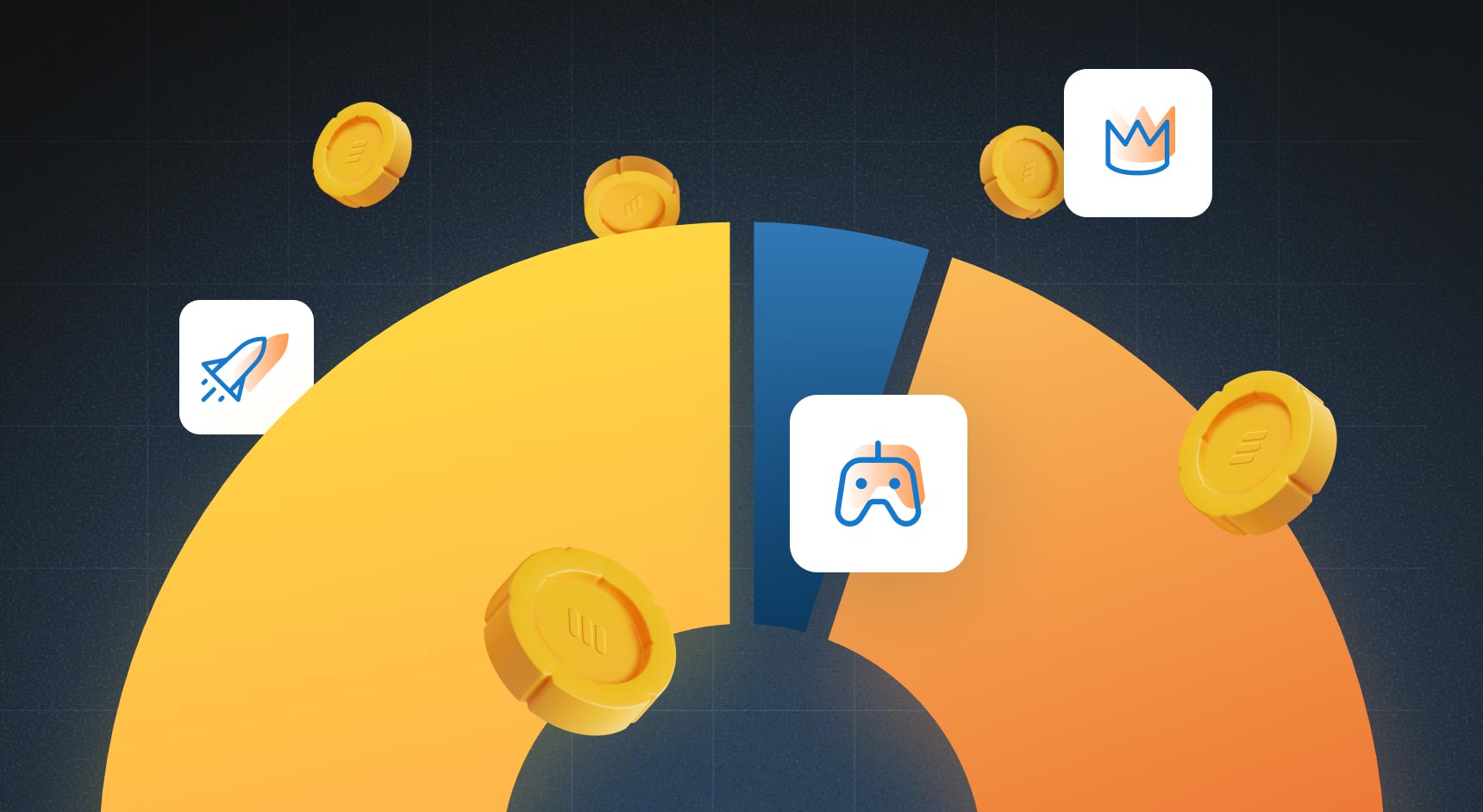 A generic pie chart with coins around it and icons of a rocket, game controller, and crown.