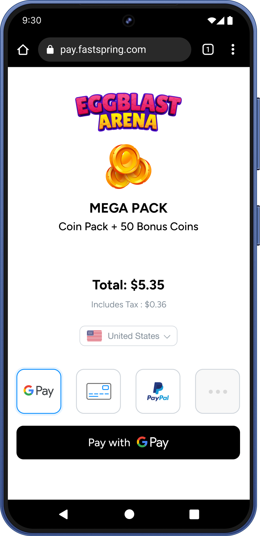 An image of a FastSpring inline checkout featuring Google Pay, Cards, and Paypal as payment methods on a galaxy S25 screen.