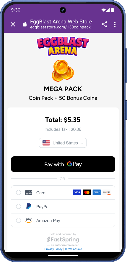 An image of a FastSpring stacked checkout featuring Google Pay, Cards, and Paypal as payment methods on a galaxy S25 screen.