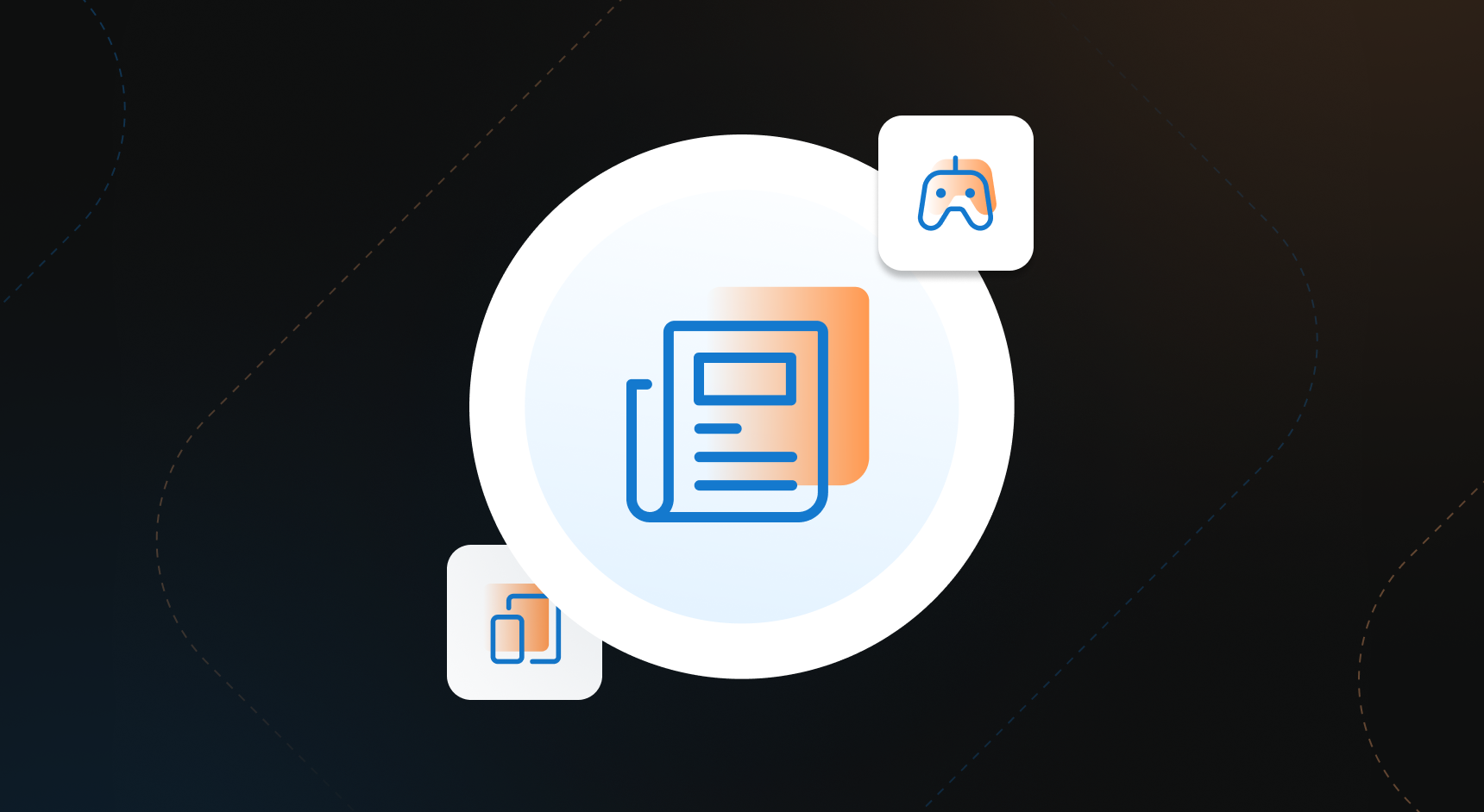 A large icon of a newspaper on a dark background with smaller icons of mobile devices and a gaming controller.