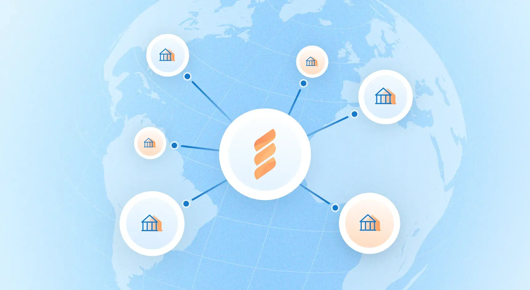 The FastSpring logo over a light blue map of the globe surrounded by icons representing businesses around the world.