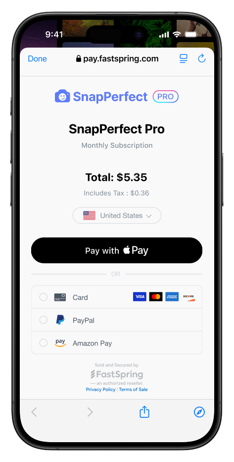 An image of a mobile device using the FastSpring checkout on iOS showing apple pay preselected and other payment options below that.
