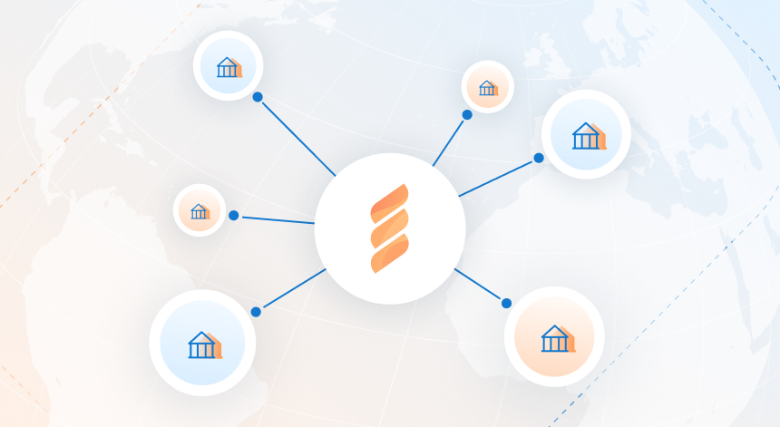 The FastSpring logo surrounded by many icons representing financial institutions to suggest how a merchant of record connects to them.