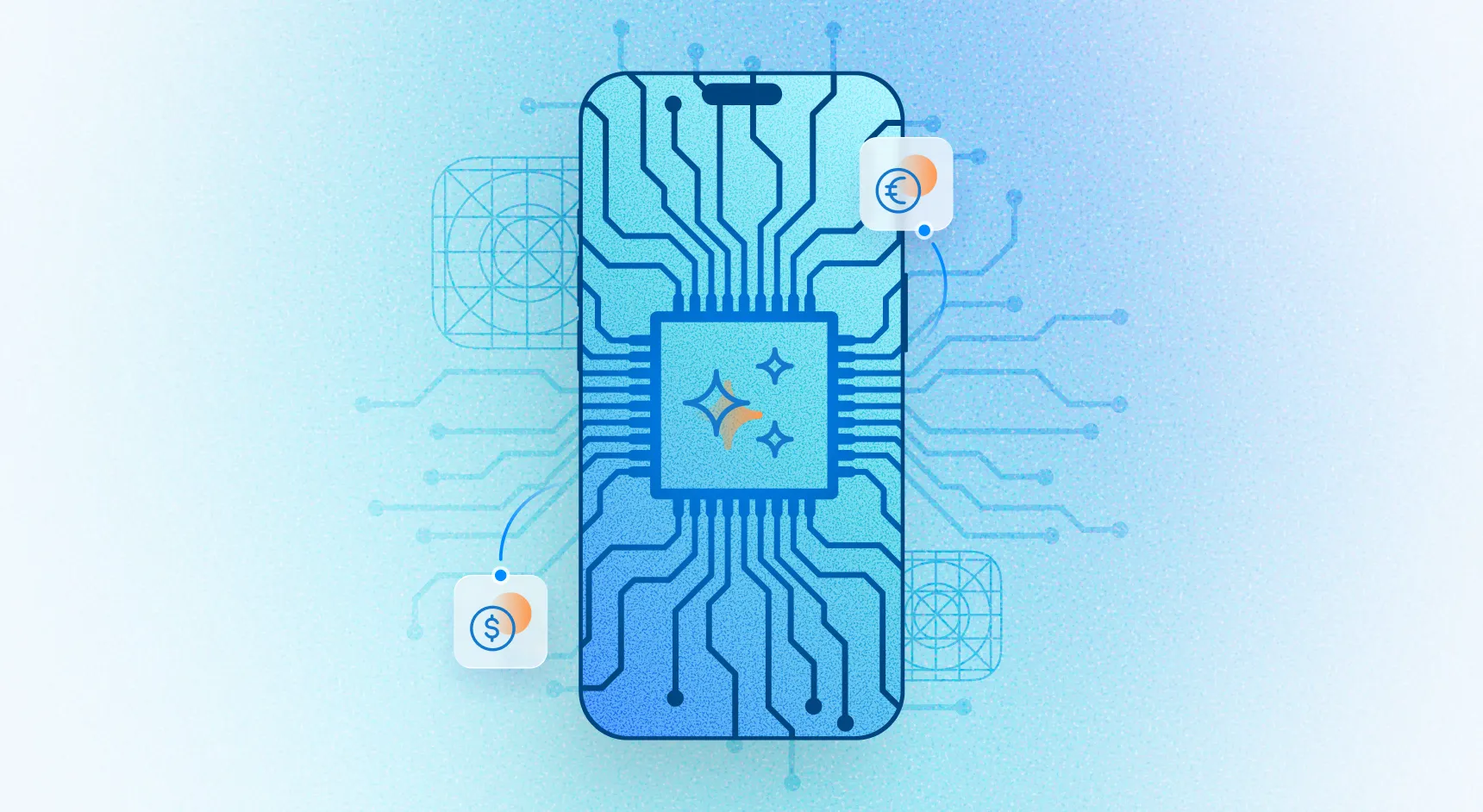 A blue outline of a smartphone with memory chip lines all over it and emoji sparkles in the center, with an airbrush effect blue background.