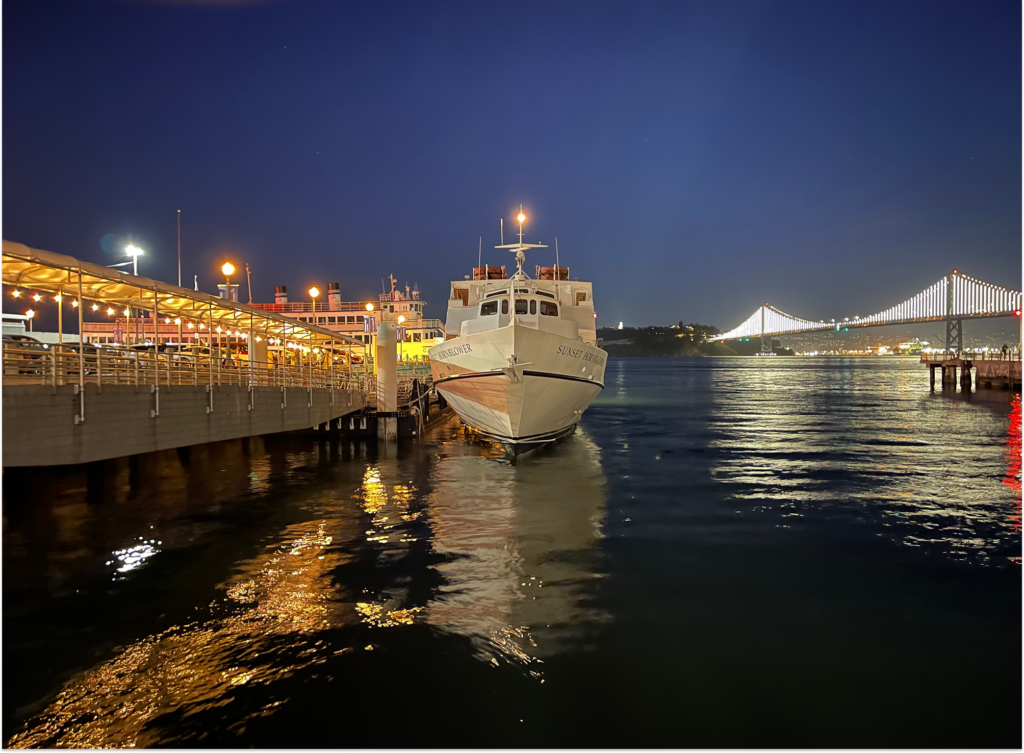 The yacht San Francisco Spirit docked at Pier 3 in San Francisco before FastSpring's D2Sea yacht party 2026.