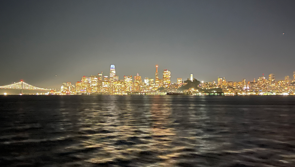 The San Francisco Bay Bridge and skyline at night from the water.