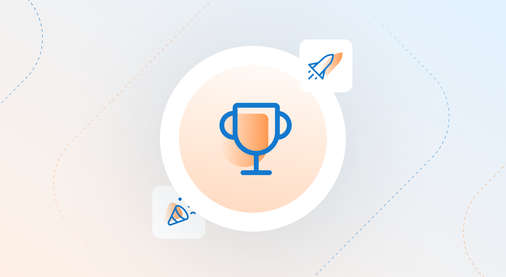 A blue and orange trophy on a circular icon surrounded by a blue-to-orange gradient background and 2 other small icons.