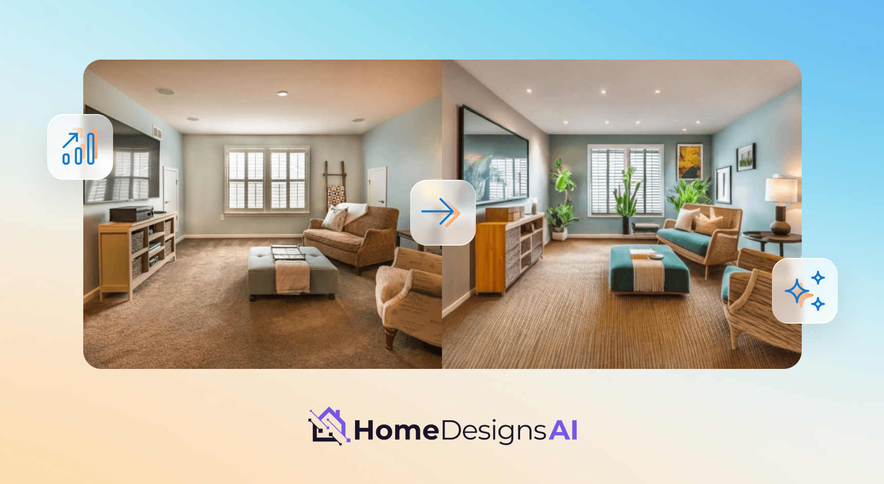 A side-by-side image of a before and after when using the HomeDesigns AI app to redesign an interior room, all surrounded by a light orange to light blue gradient border.