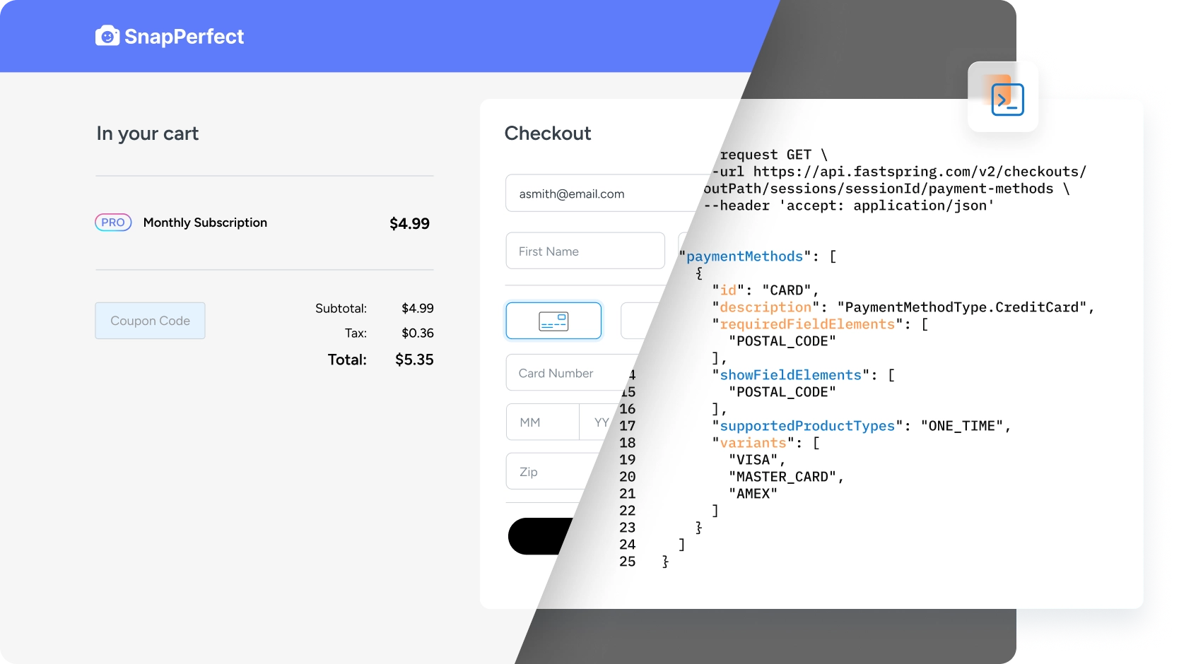 An image showing an account management page with code behind showing the FastSpring sessions API powering the checkout page
