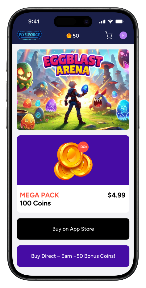 An image of a steering button inside the Eggblast Arena game where a player can tap to buy direct on the web store and make a purchase outside of the app.