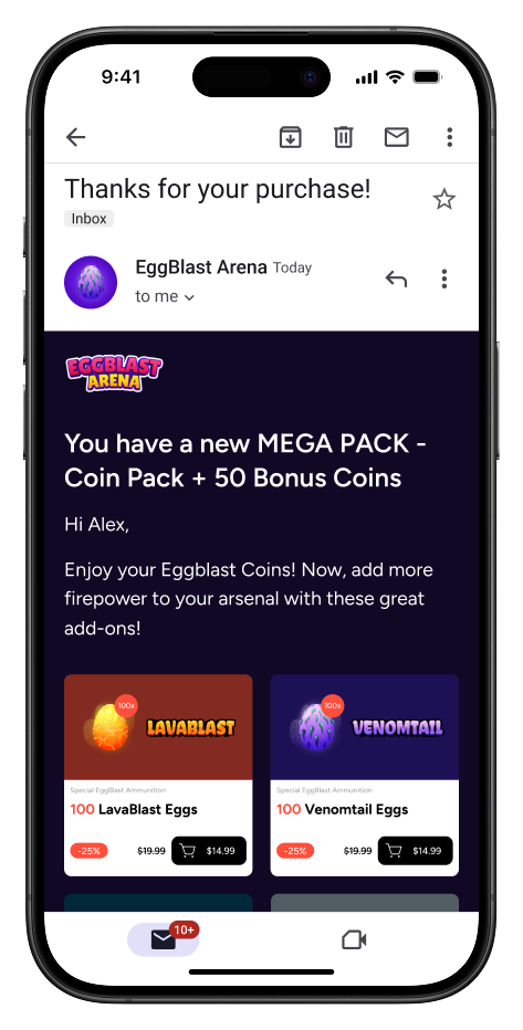 An image of a phone with the user in their email inbox. The email shows promotional material from EggBlast arena including a new Mega Pack plus 50 coins for purchase on the web store.