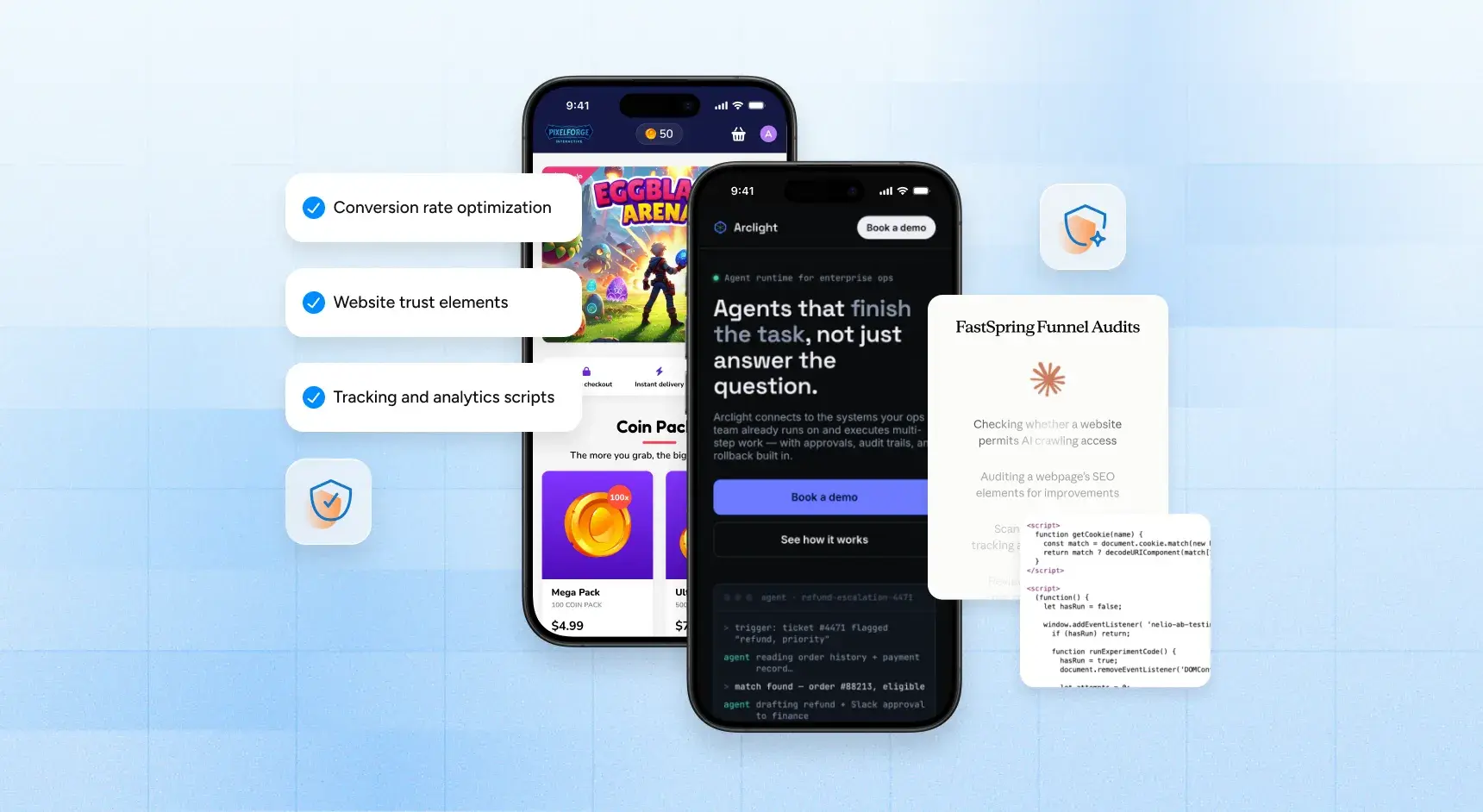 Simulated screenshots of smartphones surrounded by callouts showing the FastSpring Funnel Audits process.