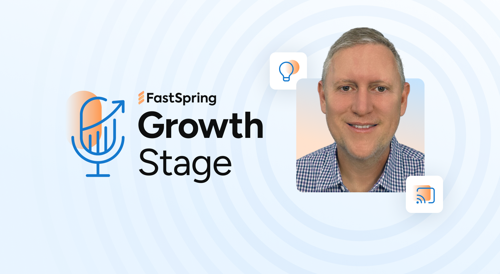 The Growth Stage podcast logo of a microphone that looks like a growth chart on the left, and a headshot of a man on the right.