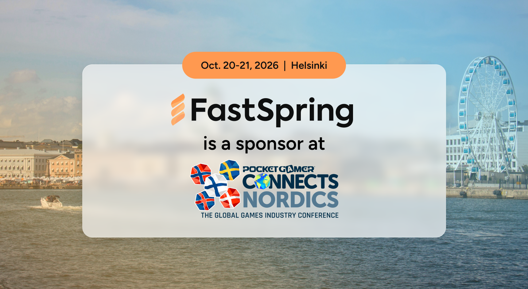 The FastSpring logo and the PGC Nordics logo over a background photo of the Helsinki skyline.