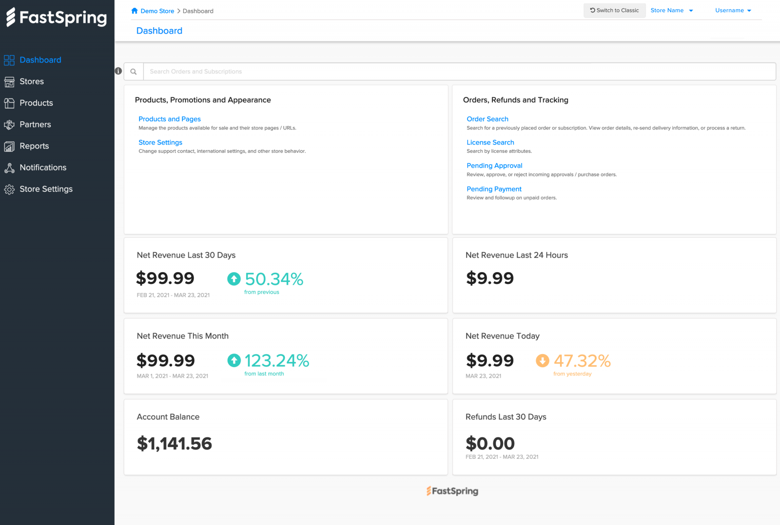 screenshot of fastspring's new user interface for resellers, reseller stores, and partners