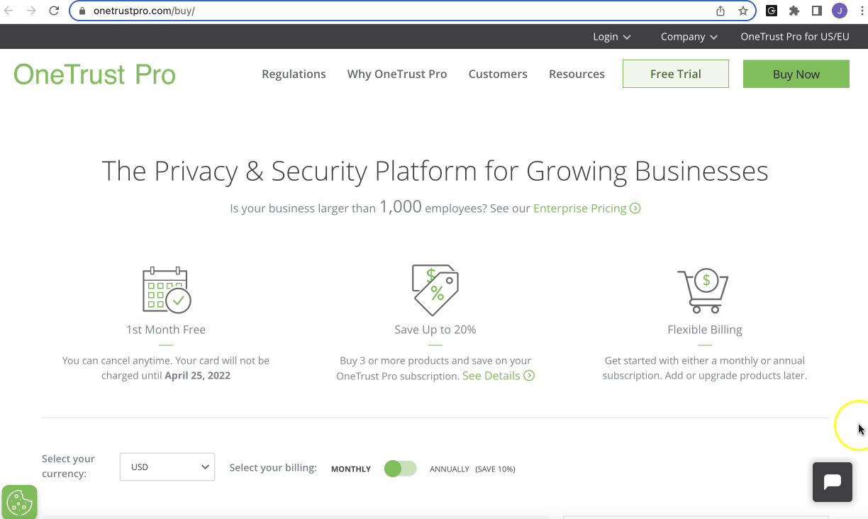 OneTrust pricing page