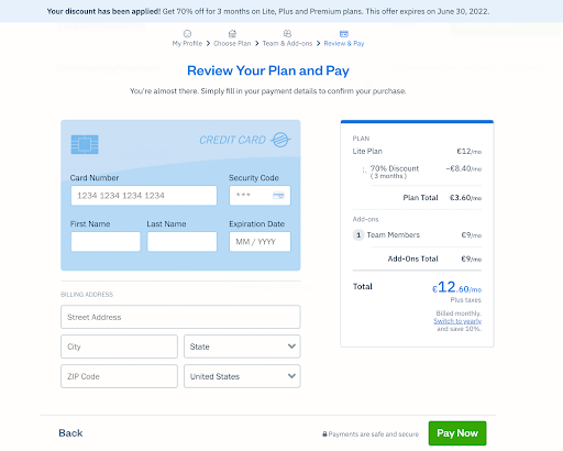This checkout page template from FreshBooks is simple but has a fun design.