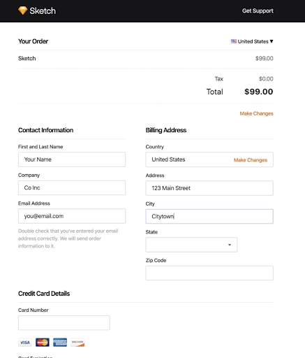 Sketch has a very clean checkout page template despite being a graphic design software company. 
