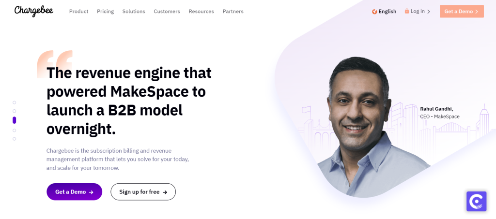 Chargebee homepage: The revenue engine that powered MakeSpace to launch a B2B model overnight.