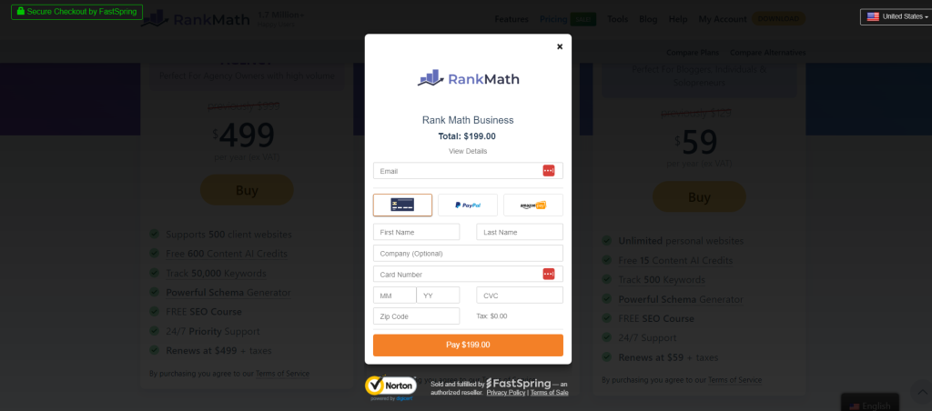 Rankmath's Secure Checkout with FastSpring