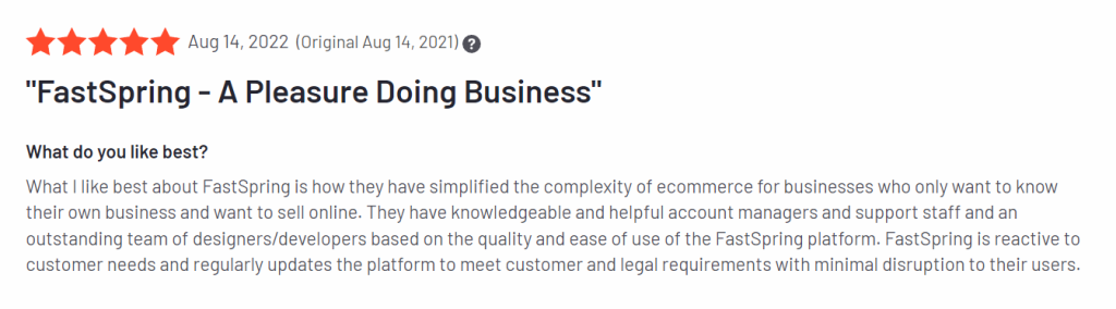 FastSpring review on G2: FastSpring - A Pleasure Doing Business