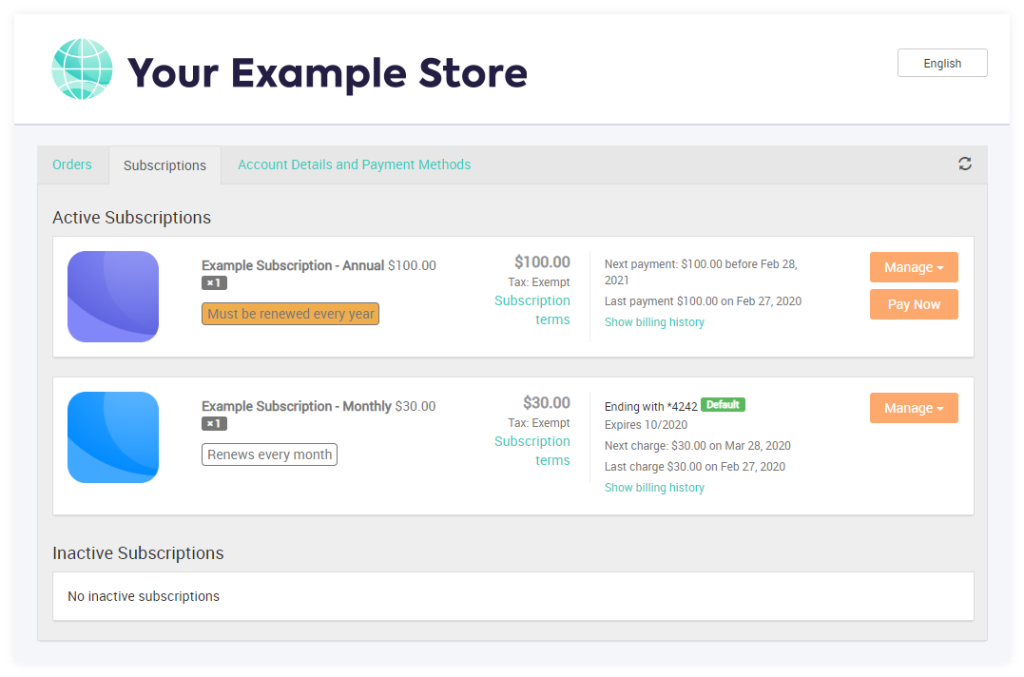Your Example Store: Manage Active and Inactive Subscriptions