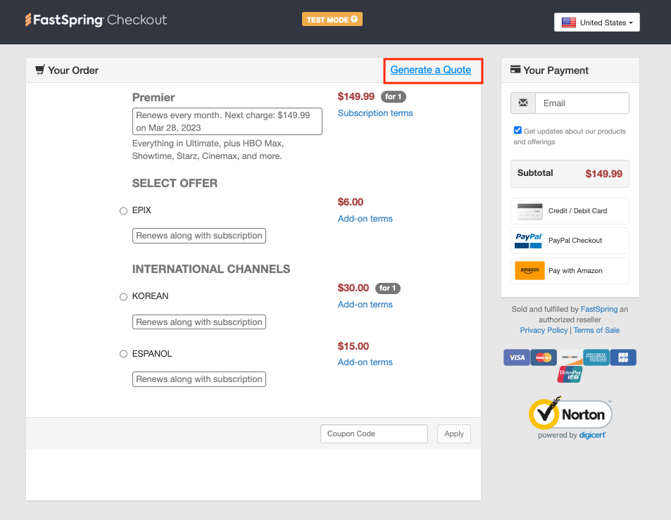 FastSpring Checkout: Generate a Quote